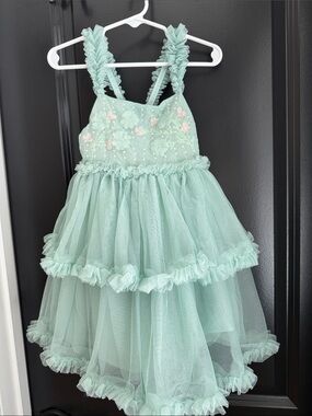 Shabby Chic Mint Green Layered Tulle Dress with Floral Embroidery